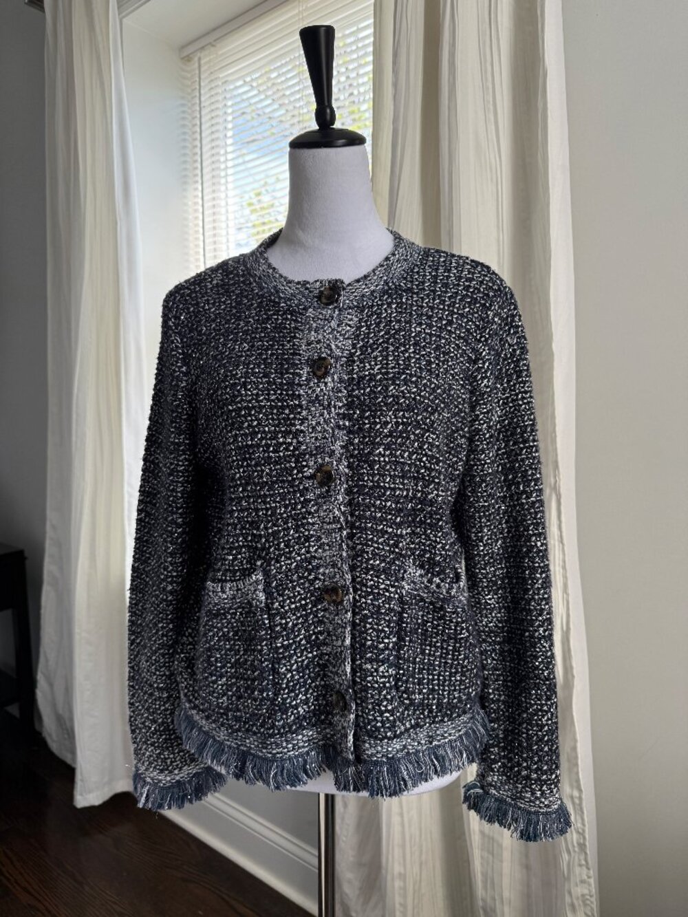 Ann Taylor Petite Gray Tweed Jacket Silver Sequin Fringe LP